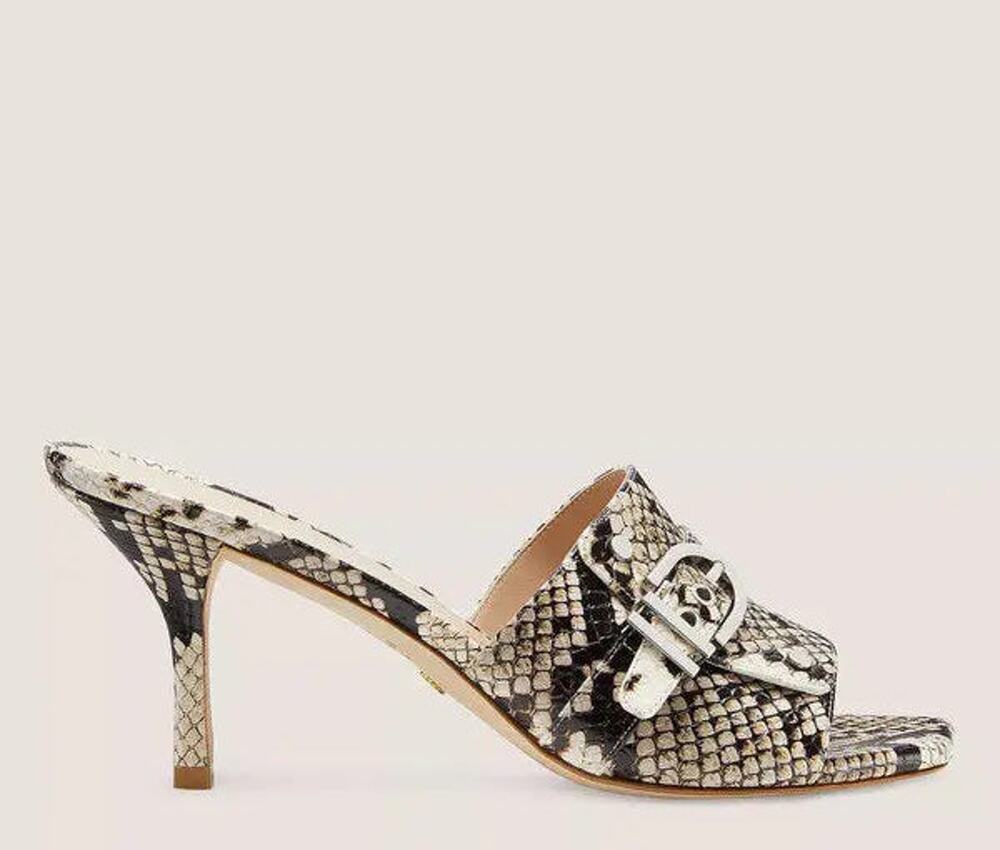 Stuart Weitzman Maverick 75 Snakeskin Leather Heeled Slide Sandals White 39.5